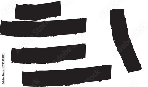 Torn black paper strips arranged in a scattered abstract pattern