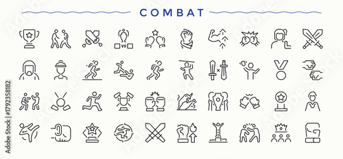 Combat icon set. Vector icons collection. Contain linear symbols sprint, champ, sports, competitive, sport. Vector collections. Competition icon set.