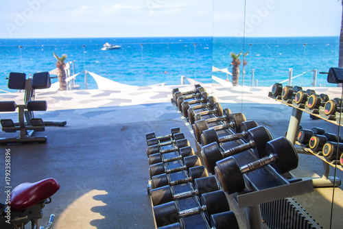 Outdoor gym with sea views. Dumbbells lying in a row on the outdoor gym