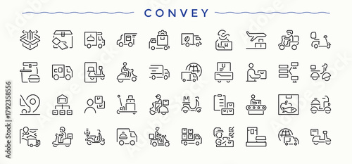 Convey icon set. Minimal icons collection. Editable stroke. Pixel Perfect. Shipment icon set. Pictograms of express, parcel, transportation, deliver, courier and more.