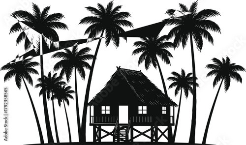 Tropical stilt house silhouette, palm trees, beach retreat scene, black vector illustration, island nature design, exotic vacation concept