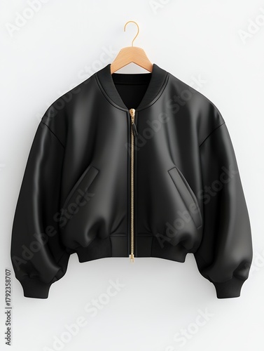 Black women's bomber jacket with gold zipper, hanging on wooden hanger. Stylish and modern design