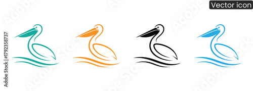 Captivating pelican icons in striking colors dance on flowing waves, ideal for brands seeking natural beauty and coastal vibes.