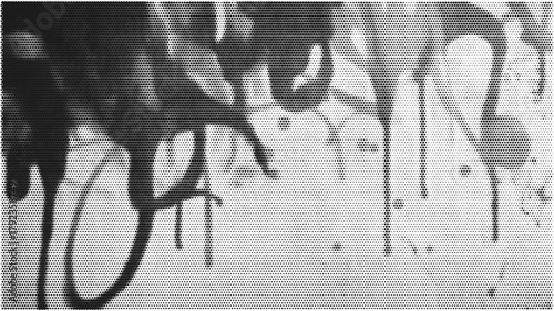Black dripping halftone pattern with bold grunge spray texture. Urban street tone with comic dots for punk posters or abstract graphic backgrounds.
