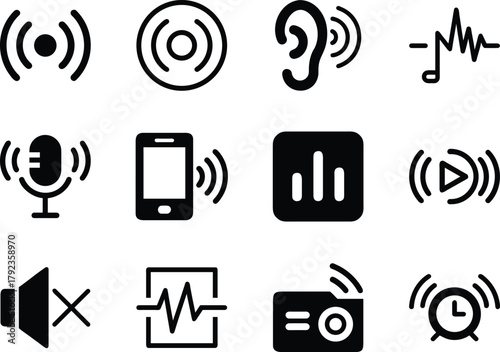 Silhouette sound waves icon set showing audio signal, volume, and frequency design.