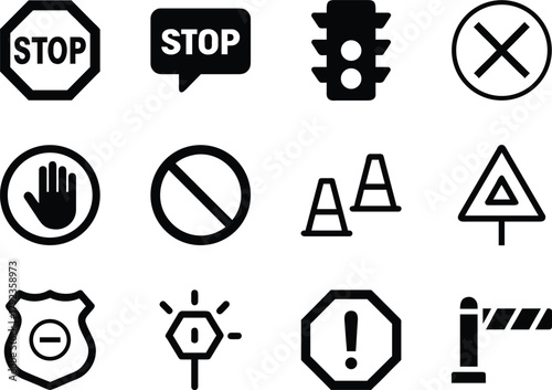 Silhouette stop sign icon set with octagon shapes and bold text for traffic warning design.