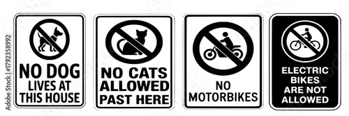 Collection of Prohibited Signs, No Dogs, No Cats, No Motorbikes, and No Electric Bikes Allowed, Regulatory Warning Symbols, Restriction, Danger, and Safety Concepts
