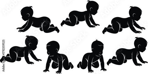 Baby crawling silhouette vector set, cute infant movement poses, newborn learning to crawl, child development, toddler growth stage illustration for parenting and family design