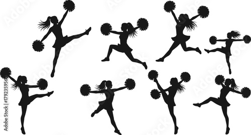 Cheerleader silhouette vector illustration set with pom poms, jumping and dancing women, energetic team performance design for sports, fitness, motivation, and celebration themes