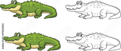 Two cartoon crocodiles illustration, colored and outline versions, friendly animal design for children’s books, coloring pages, educational graphics