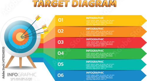 Vibrant Six-Section Infographic Target Diagram with Colorful Arrows, Progress Banners, and Strategy Elements for Business Planning and Creative Presentation