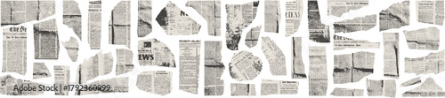 Torn crumpled vintage newspaper paper elements. Old ripped press clippings bg with halftone tone and grain effect. Grunge vector shapes for retro scrapbook, collage, poster design .