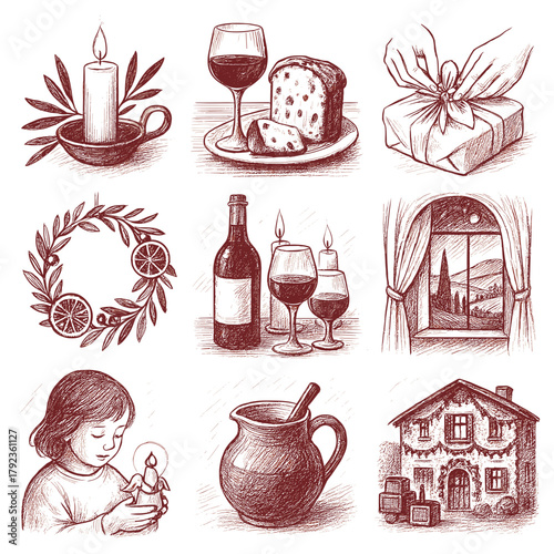 Vintage Italian holiday vignette set, wine & cozy sketches, isolated