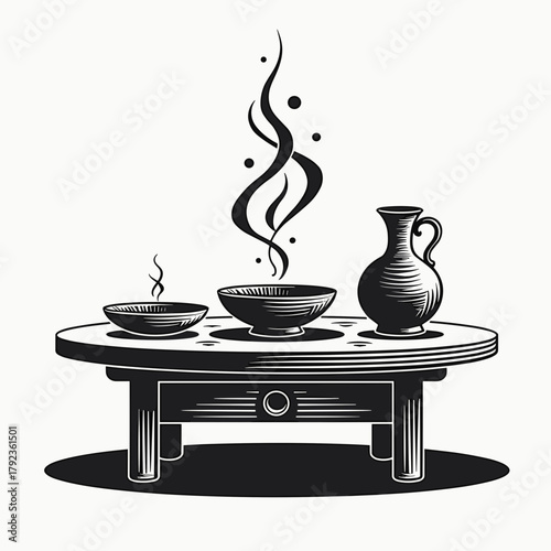 Food preparation setting shows bowls and jug on table. Food preparation involves organizing the ingredients and utensils before cooking, ensuring smooth workflow.