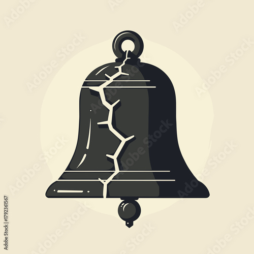 Damaged bell in grayscale tones is presented, bell exhibiting cracks and age in its metallic structure. Concept damaged bell highlights themes of fragility and the passage of time,