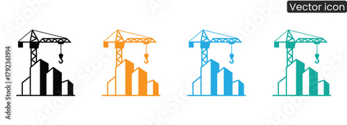 Dynamic icons of construction cranes and city buildings represent urban progress and development, perfect for business and industry themes.