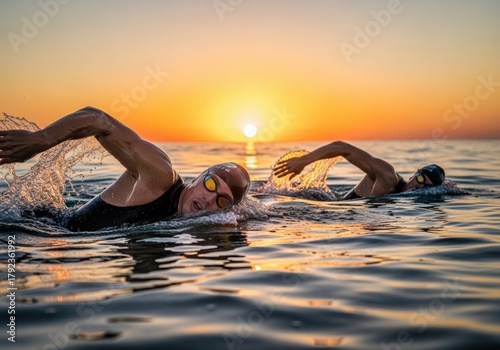 Two swimmers in open water at sunset, training for a triathlon