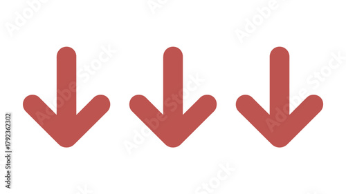 Three red down arrow icons simple flat vector glyphs for user interface design isolated on white background