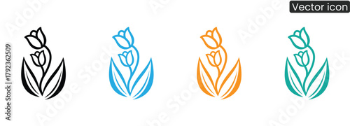 Discover elegant tulip icons in black, blue, orange, and teal, bringing fresh spring vibes to any project. Ideal for branding, invitations, and nature designs.