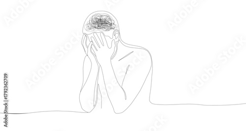 Stress and Anxiety Line Art. Single Line Drawing of Person Experiencing Stress, Anxiety, or Mental Pain with Tangled Brain Pattern