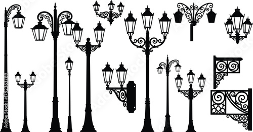 Vintage ornate street lamp silhouettes, decorative wrought iron lantern posts, artistic urban lighting design, architectural inspiration, historical retro city elements