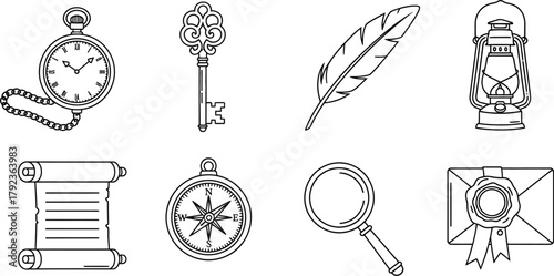 Vector art of vintage adventure elements in line art style