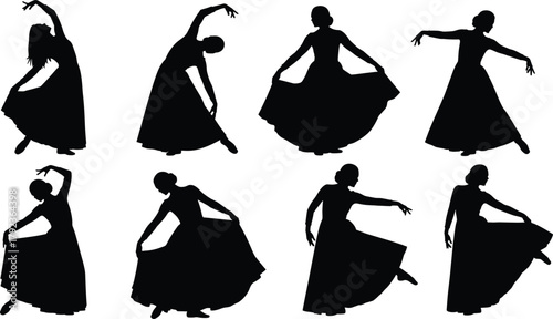 Silhouette of elegant women dancing gracefully in flowing dresses, vector illustration of classical dance performance art, motion, beauty, rhythm, and expressive movement design
