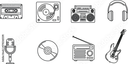 Vector art of music and audio equipment line art icons