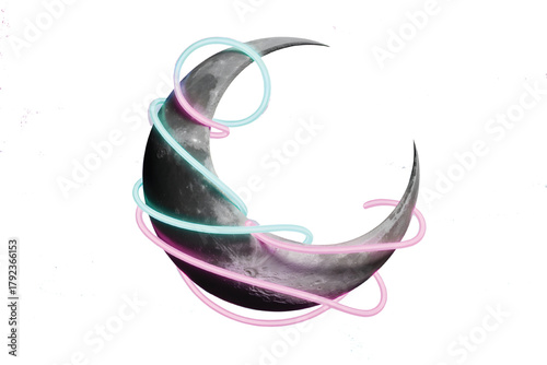 Surreal neon crescent moon wrapped in pastel glowing vines