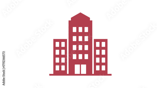 Red building icon flat vector illustration of a multistory structure isolated on white background for web design and real estate concepts