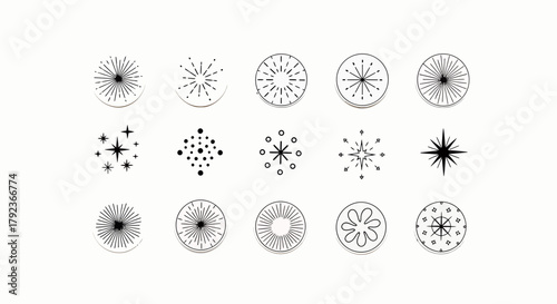 A collection of black and white sparkle, star, and burst icons with radial symmetry on a white background.