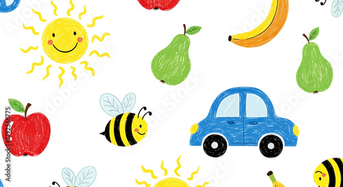 Colorful illustration featuring a smiling sun, fruits like apples, pears, and bananas, along with a bee and a blue car.