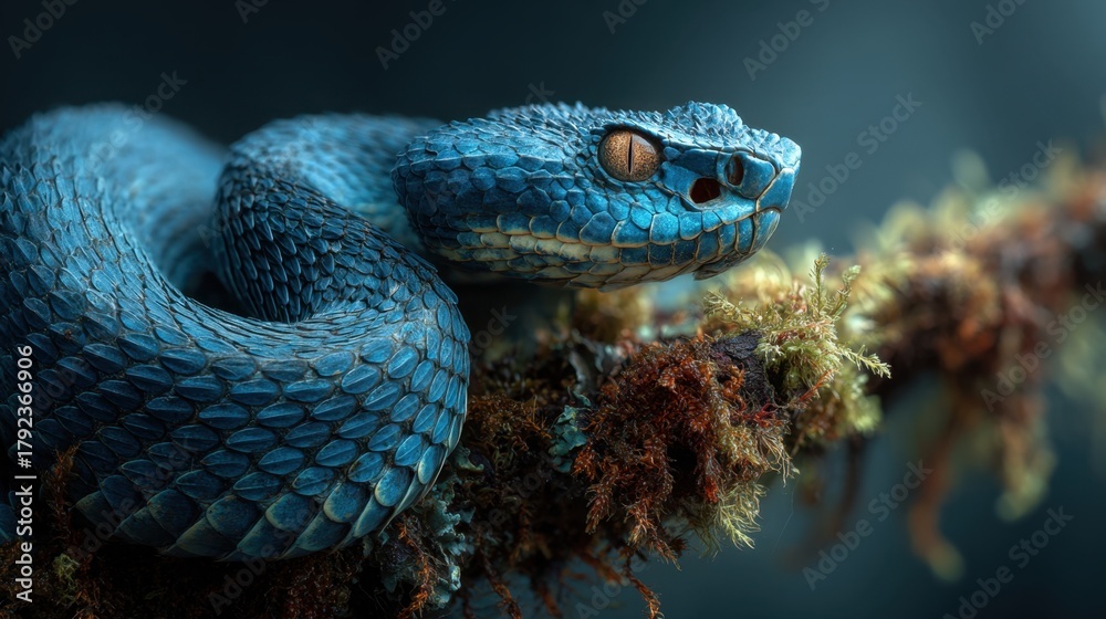 Fototapeta premium Close-up of a striking exotic blue viper resting, coiled elegantly on a natural mossy branch in its habitat, showcasing unique scales and vibrant colors
