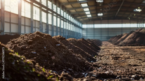 A large indoor composting facility with piles of dark, rich soil. Sunlight streams through the windows, illuminating the earthy textures and creating a warm atmosphere.