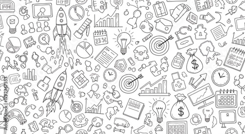 Seamless pattern of hand-drawn business, finance, and technology doodle icons on a white background, representing concepts like startup, innovation, growth, and strategy.