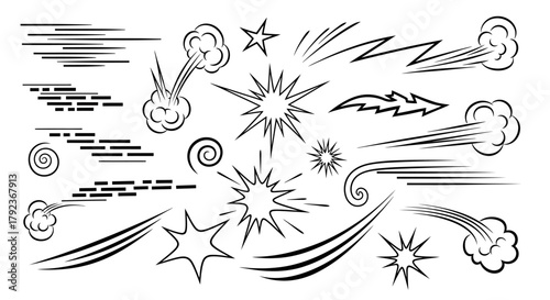 A collection of hand-drawn black and white comic book effects, including speed lines, explosions, and motion clouds.