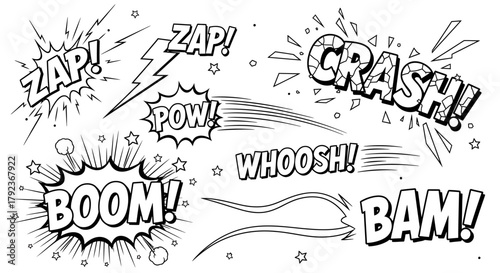 A collection of black and white comic book sound effects like Zap, Pow, and Crash in a pop art style.