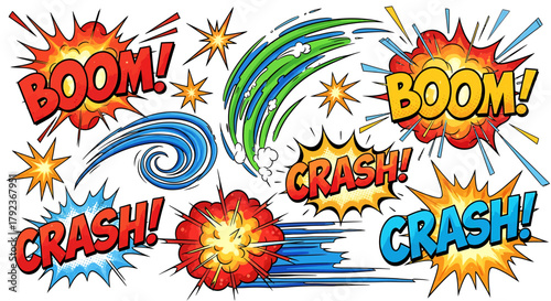 A collection of comic book style sound effect illustrations including 'BOOM!' and 'CRASH!' with explosions and motion lines.