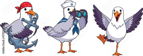 Funny cartoon seagulls in sailor and pirate outfits, cute nautical bird characters with anchor, binoculars, and joyful flying pose