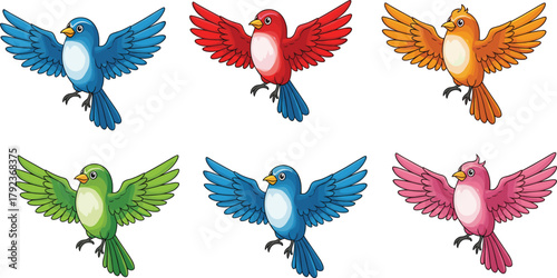 Colorful flying cartoon birds collection, cute animated bird characters in blue, red, orange, green, and pink for children’s illustration