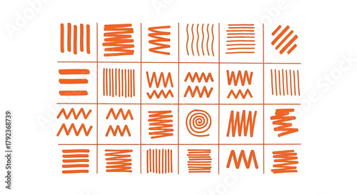 Collection of hand-drawn orange marker textures, including lines, scribbles, and patterns isolated on a white background.