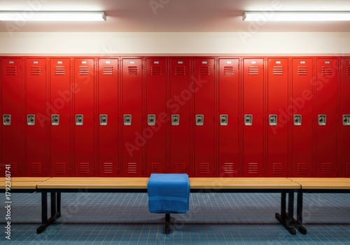 Red lockers in a school hallway with a blue towel on a bench