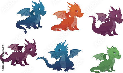 Cute colorful baby dragon illustration set, fantasy creature design, adorable cartoon dragons with wings, mythical animal art for kids