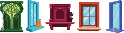 Stylish home window frame collection with colorful vintage and modern designs, decorative house window illustration set for interior inspiration