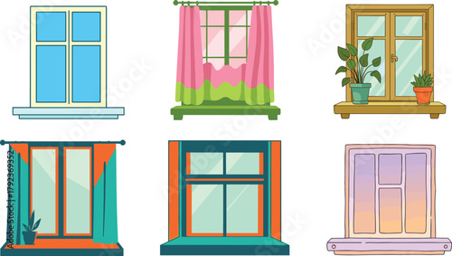 Colorful home window illustration set with curtains and plants, cozy interior design vector collection for decoration and inspiration