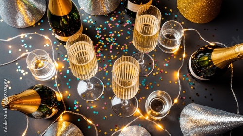 Champagne bottles and glasses with confetti and lights