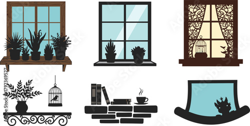 Cozy window illustration set with plants, books, coffee cup and birdcage, home decor vector design for interior inspiration