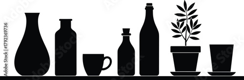 Black and white kitchen shelf silhouette with bottles, cups, vase, plant pot, and glass, minimalist home decor vector illustration