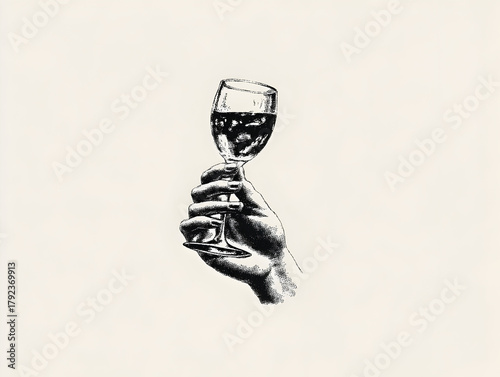 Minimalist illustration of a woman's hand holding a glass of red wine against a light background, representing celebration, luxury, or a sophisticated lifestyle