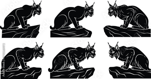 Black and white lynx silhouette illustration sitting on rock, wild cat predator design, wildlife vector art for nature and tattoo